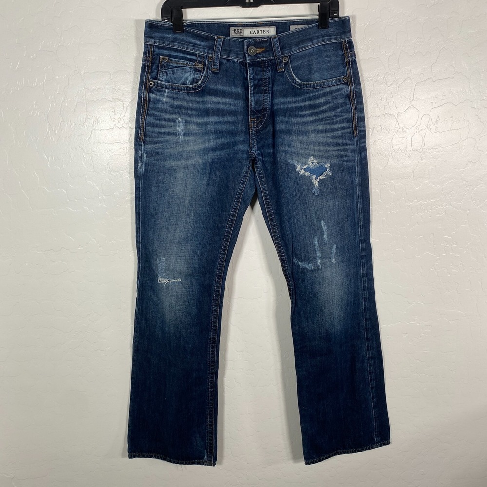 BKE Buckle Jeans Mens 31R x 32 Carter Boot Cut Distressed Denim Dark Wash‎